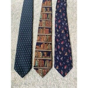 LOT (3) Alynn Mens Neckties Silk - Dollar Signs, Library, Books, Fly Fishing